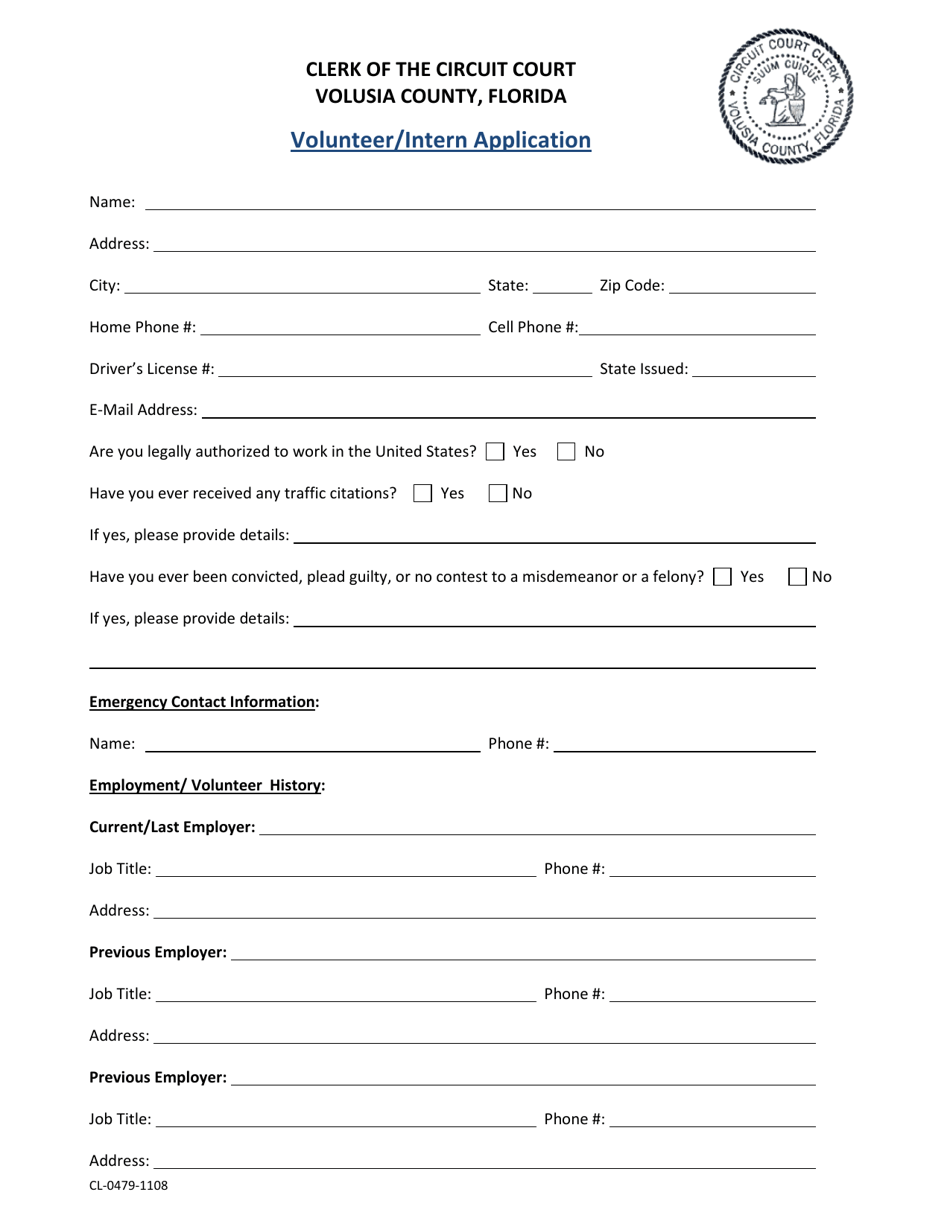 Form CL-0479-1108 Volunteer / Intern Application - Volusia County, Florida, Page 1