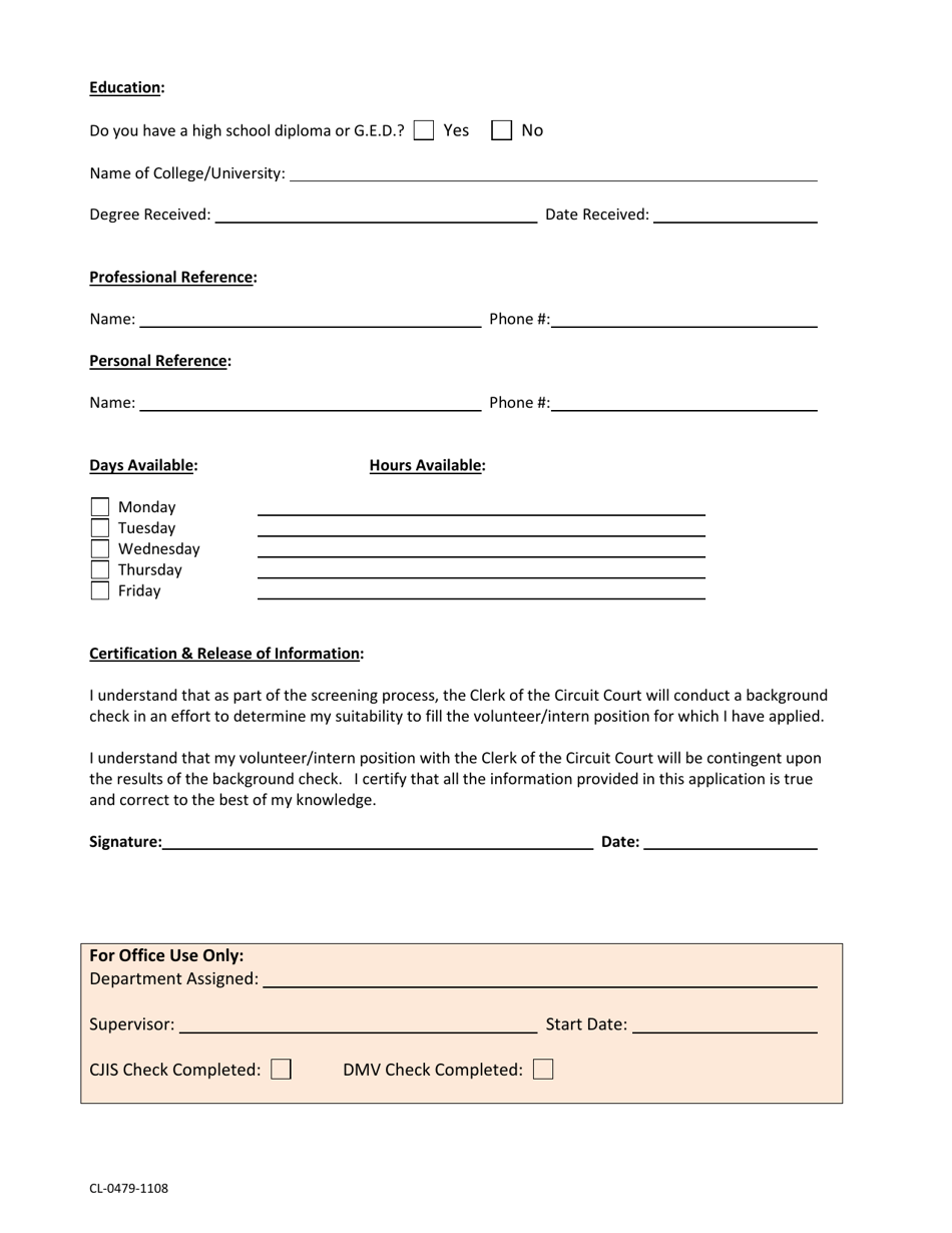 Form CL-0479-1108 Volunteer / Intern Application - Volusia County, Florida, Page 2