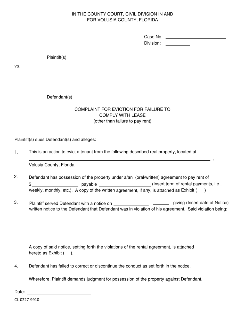 Form CL-0227-9910 Complaint for Eviction for Failure to Comply With Lease - Volusia County, Florida, Page 1