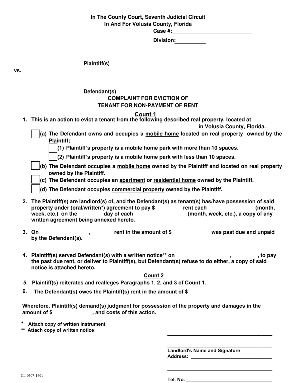 Form CL-0307-1601 Complaint for Eviction of Tenant for Non-payment of Rent - Volusia County, Florida, Page 1
