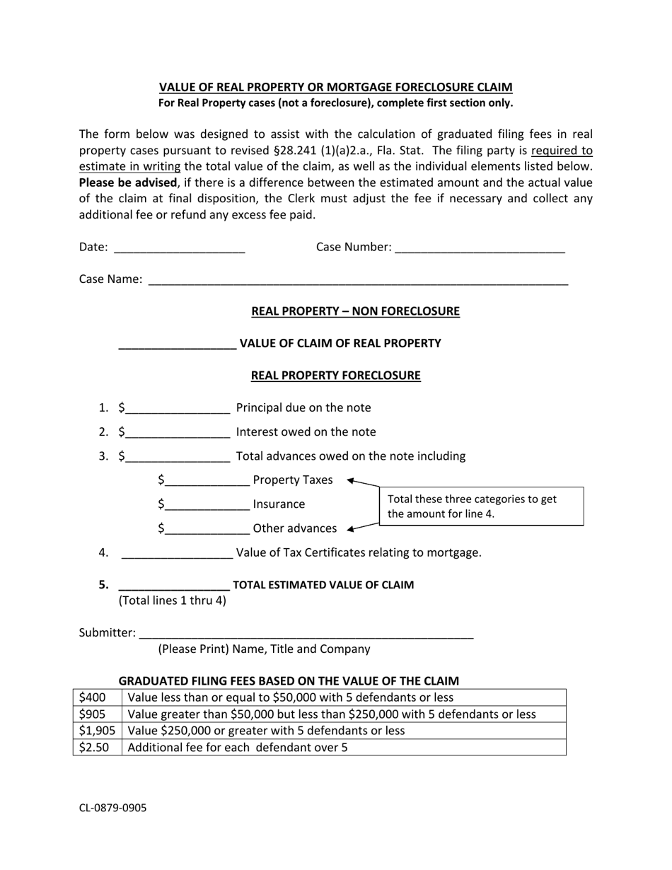 Form CL-0879-0905 Value of Real Property or Mortgage Foreclosure Claim - Volusia County, Florida, Page 1