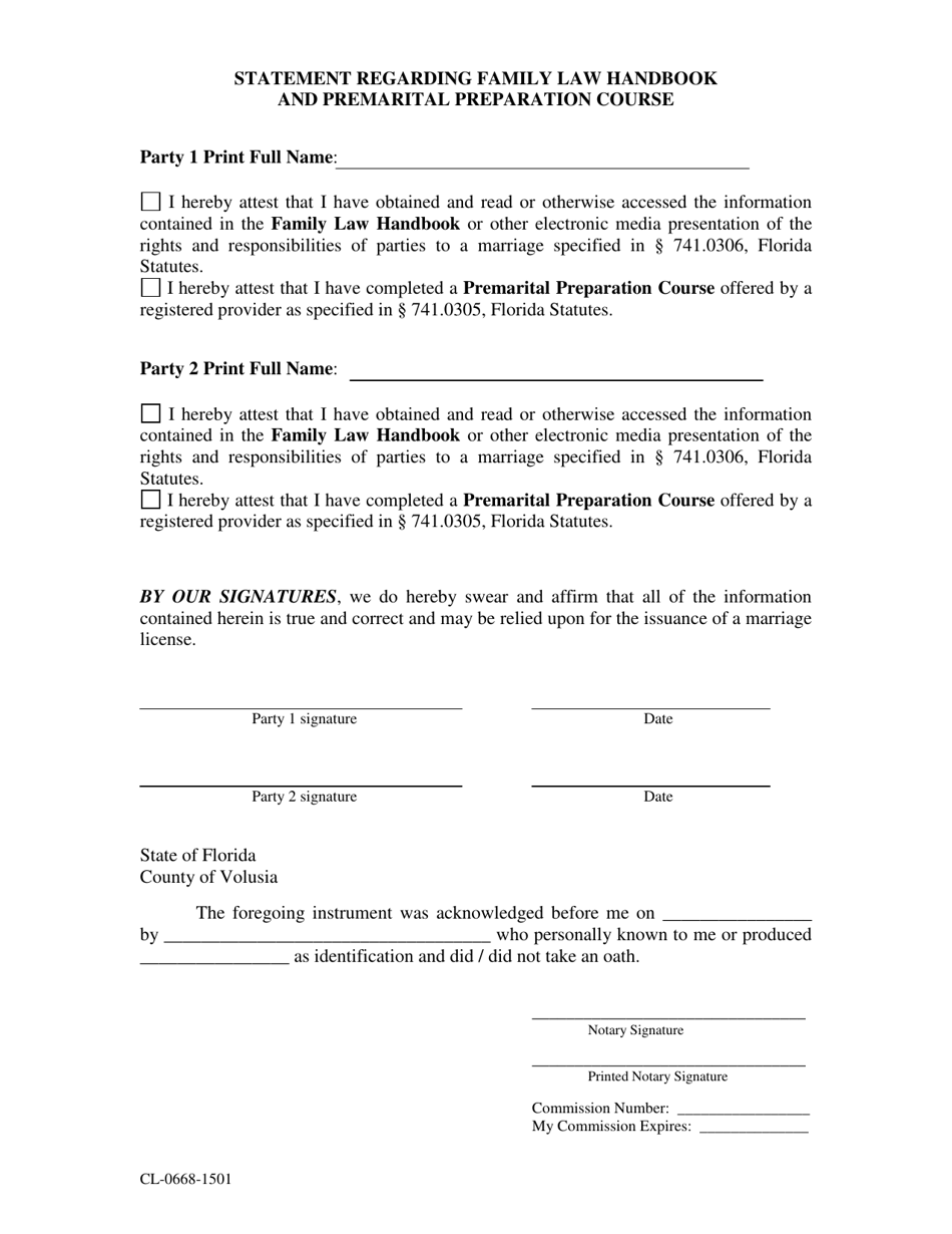 Form CL-0668-1501 Statement Regarding Family Law Handbook and Premarital Preparation Course - Volusia County, Florida, Page 1