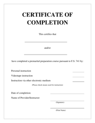 Document preview: Certificate of Completion Premarital Preparation Course - Volusia County, Florida