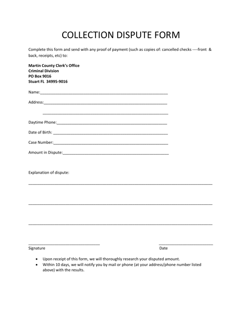 Collection Dispute Form - Martin County, Florida Download Pdf