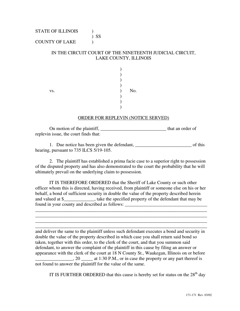 Form 171-171 Order for Replevin (Notice Served) - Lake County, Illinois, Page 1