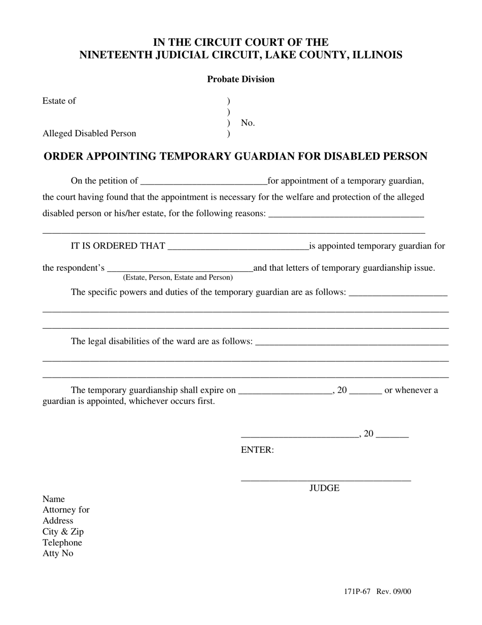 Form 171P-67 Order Appointing Temporary Guardian for Disabled Person - Lake County, Illinois, Page 1