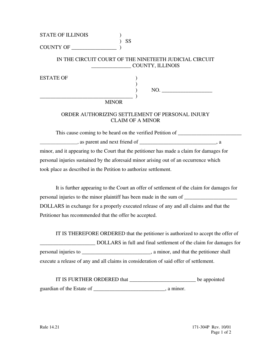 Form 171-304P Order Authorizing Settlement of Personal Injury Claim of a Minor - Lake County, Illinois, Page 1