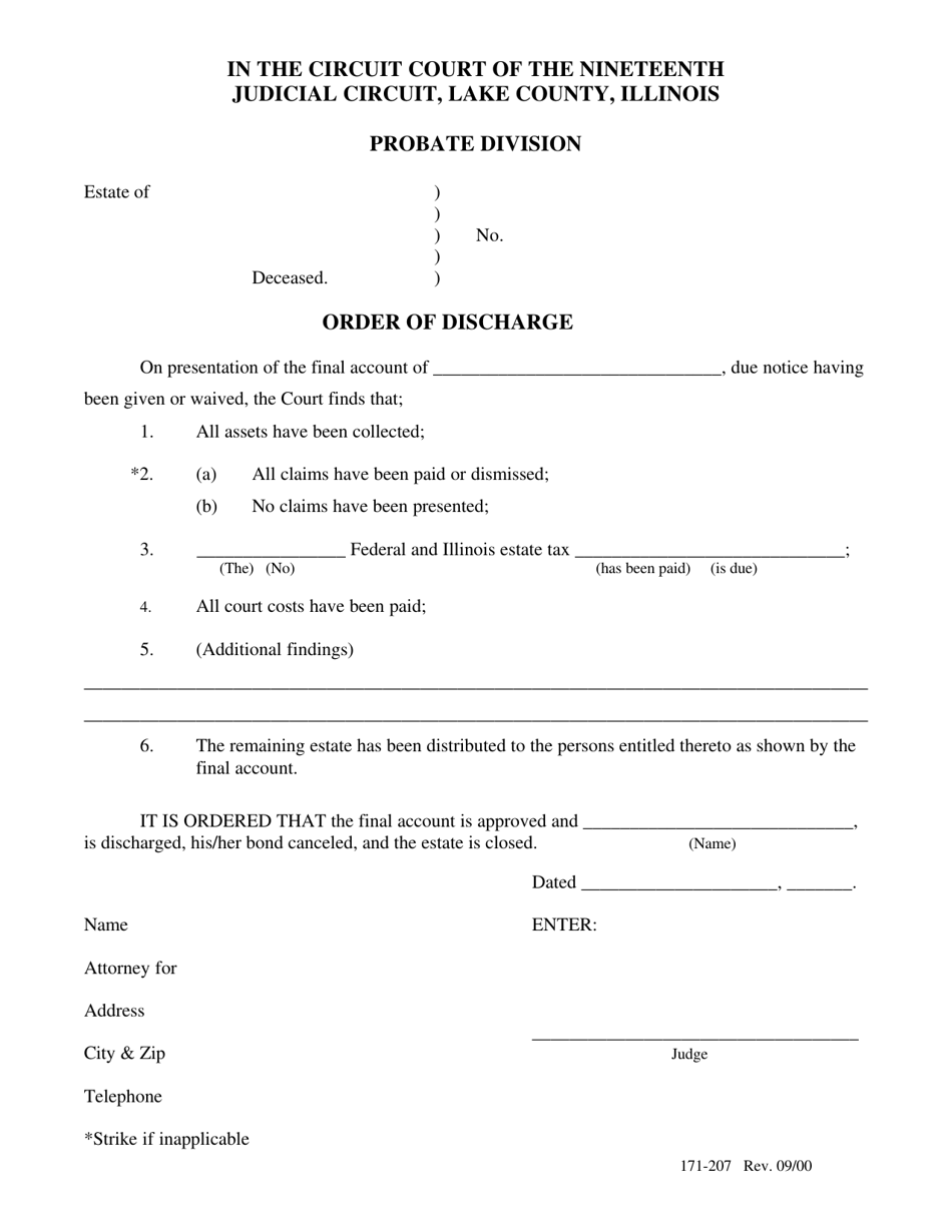 Form 171-207 Order of Discharge - Lake County, Illinois, Page 1
