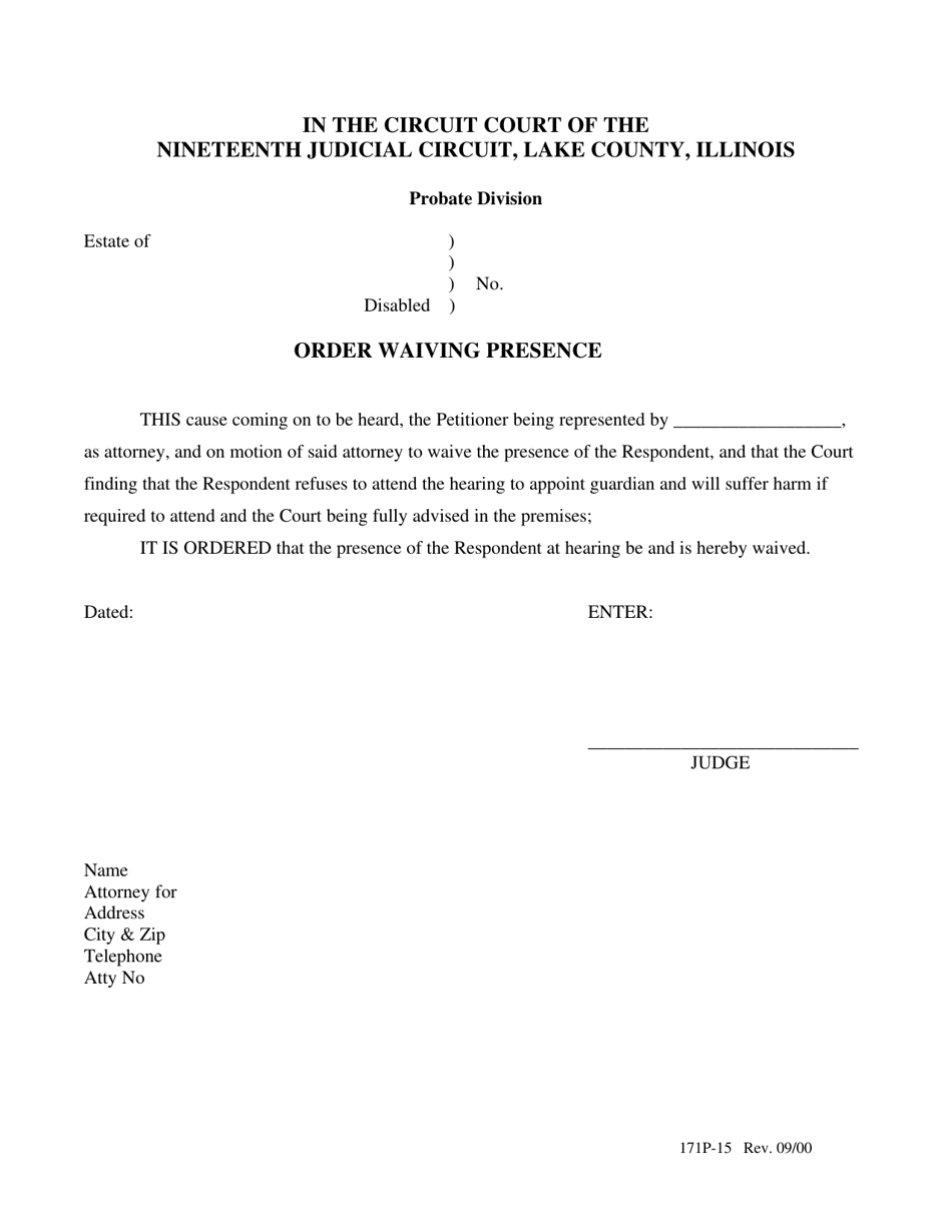 Form 171P-15 Order Waiving Presence - Lake County, Illinois, Page 1