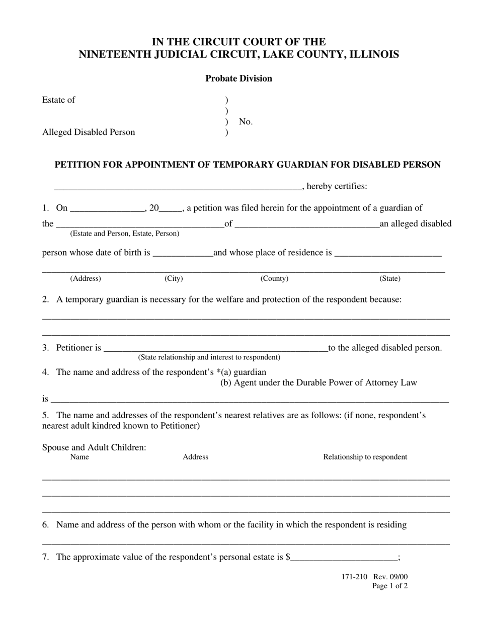 Form 171-210 Petition for Appointment of Temporary Guardian for Disabled Person - Lake County, Illinois, Page 1