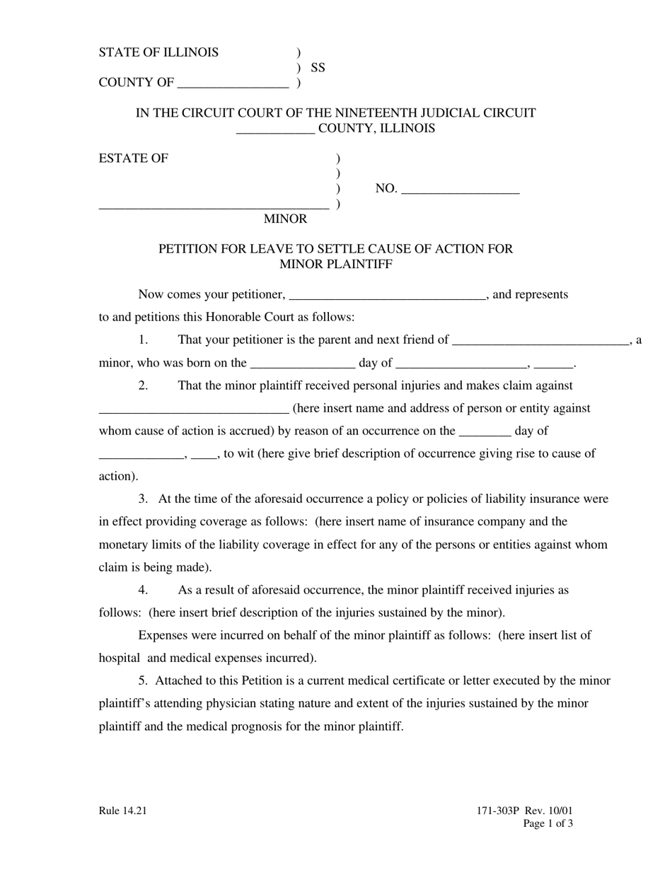 Form 171-303P Petition for Leave to Settle Cause of Action for Minor Plaintiff - Lake County, Illinois, Page 1