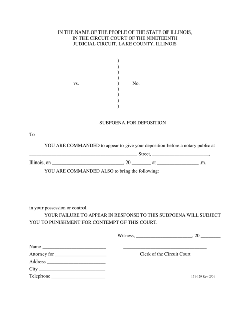 Form 171-129 Subpoena for Deposition - Lake County, Illinois