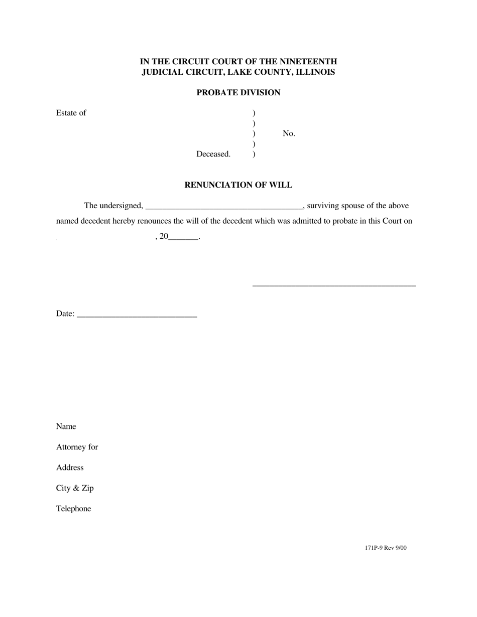 Form 171P-9 Renunciation of Will - Lake County, Illinois, Page 1