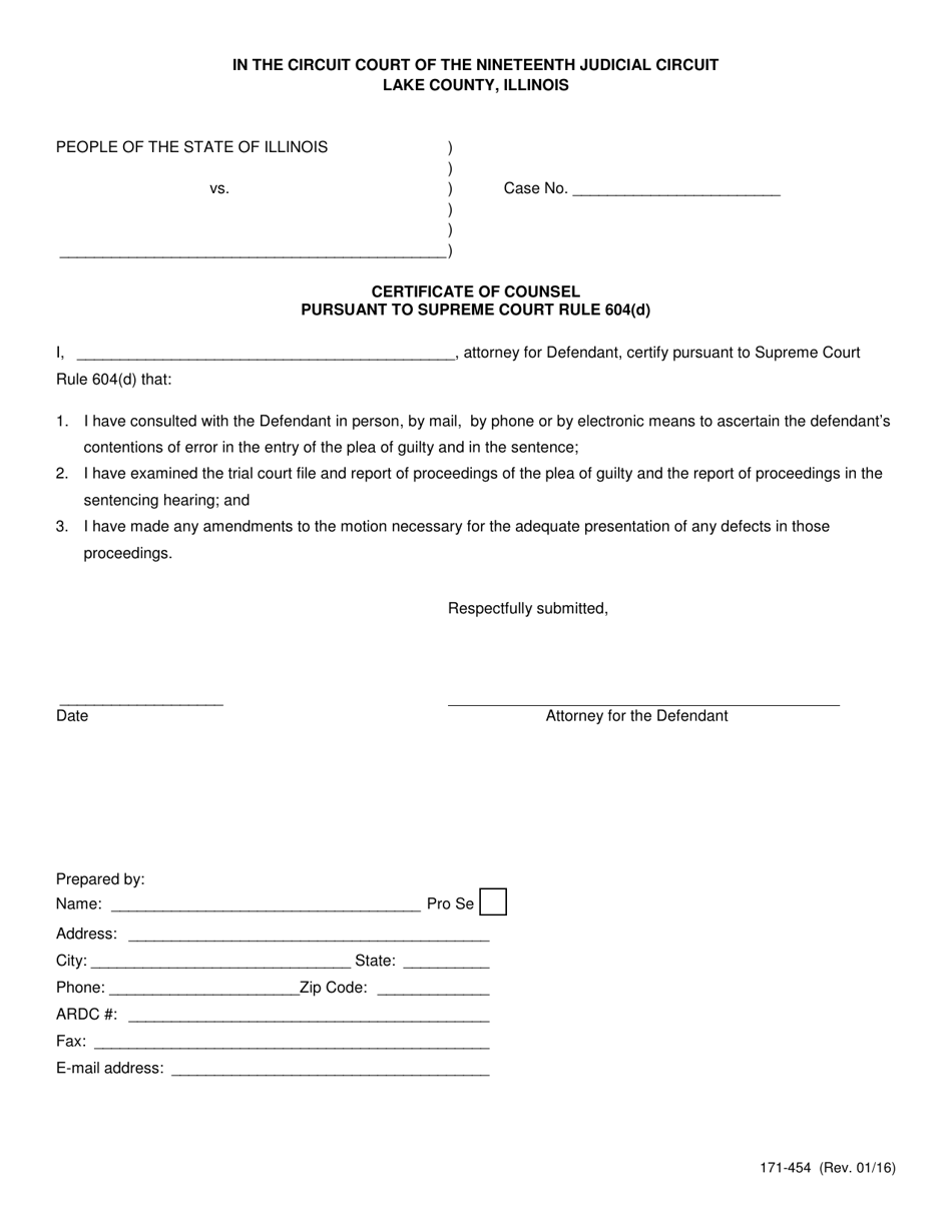 Form 171-454 Certificate of Counsel Pursuant to Supreme Court Rule 604(D) - Lake County, Illinois, Page 1