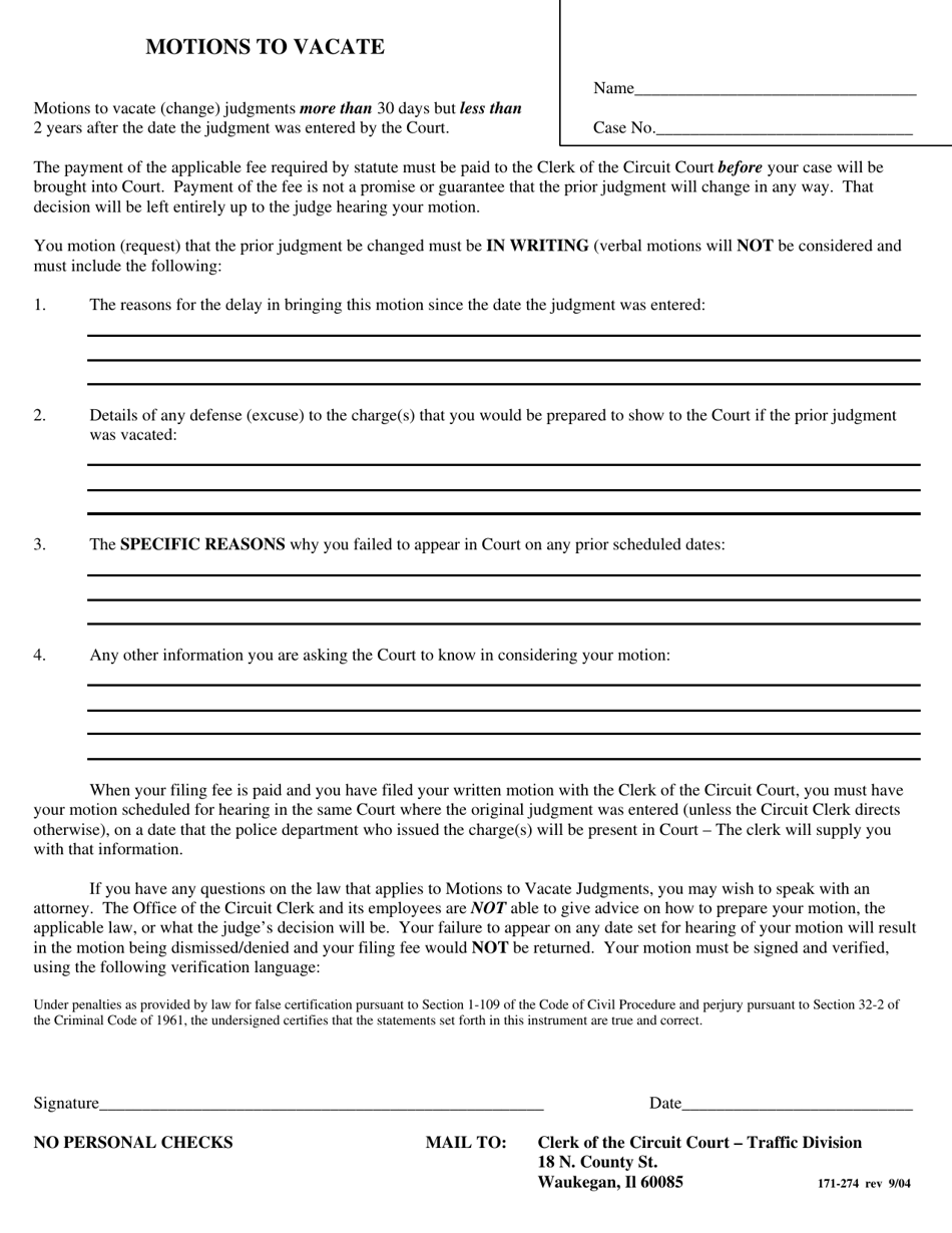Form 171-274 Motions to Vacate - Lake County, Illinois, Page 1