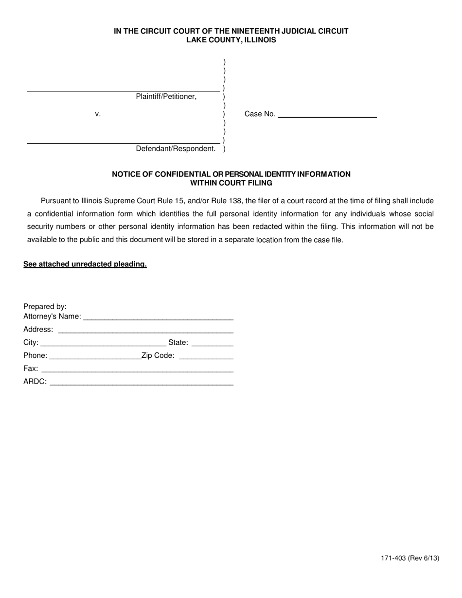 Form 171-403 Notice of Confidential or Personal Identity Information Within Court Filing - Lake County, Illinois, Page 1