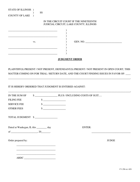 Form 171-296 Judgment Order - Lake County, Illinois