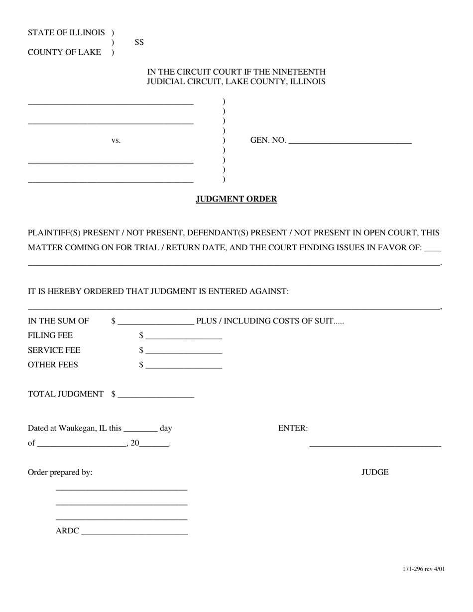 Form 171-296 Judgment Order - Lake County, Illinois, Page 1