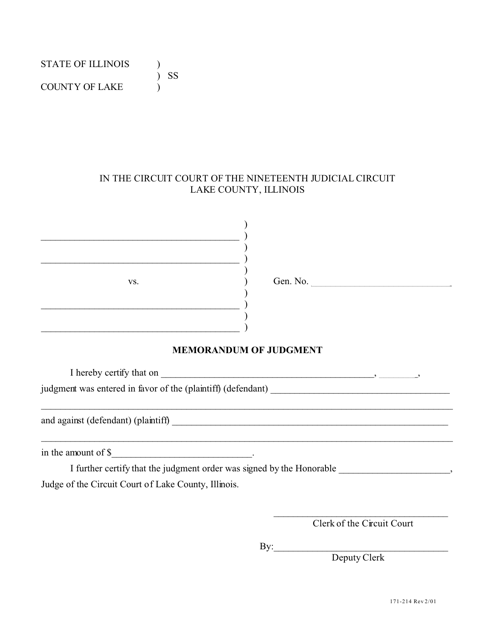 Form 171-214 Memorandum of Judgment - Lake County, Illinois