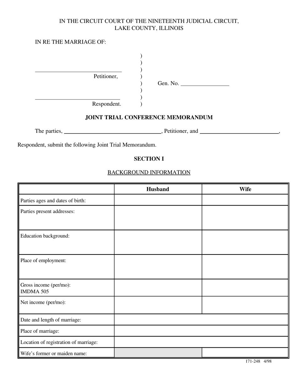Form 171-248 Joint Trial Conference Memorandum - Lake County, Illinois, Page 1