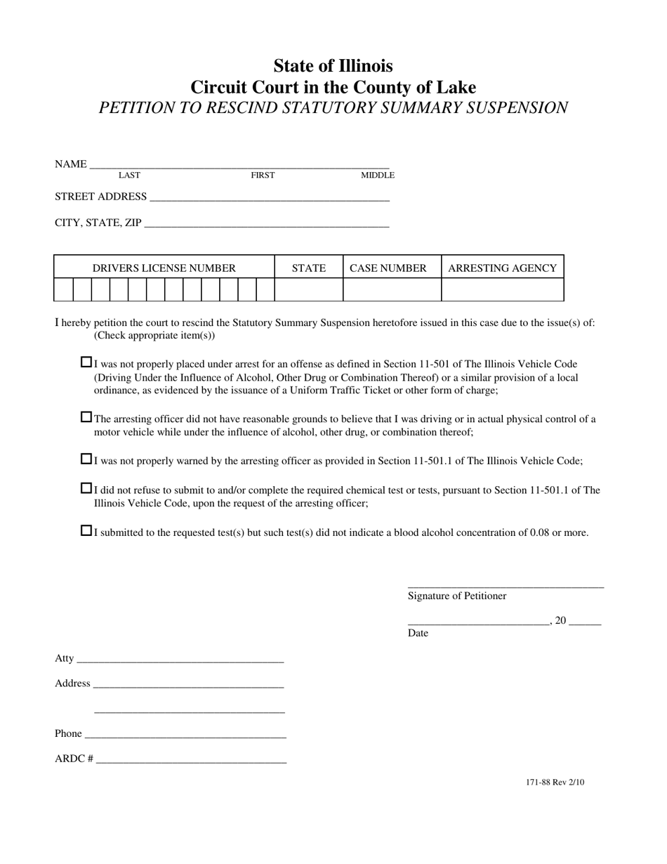 Form 171-88 Petition to Rescind Statutory Summary Suspension - Lake County, Illinois, Page 1