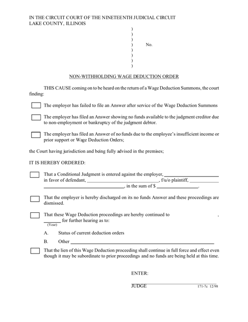 Form 171-7C Non-withholding Wage Deduction Order - Lake County, Illinois
