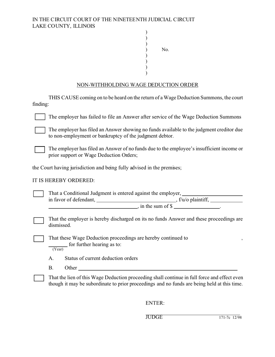 Form 171-7C Non-withholding Wage Deduction Order - Lake County, Illinois, Page 1