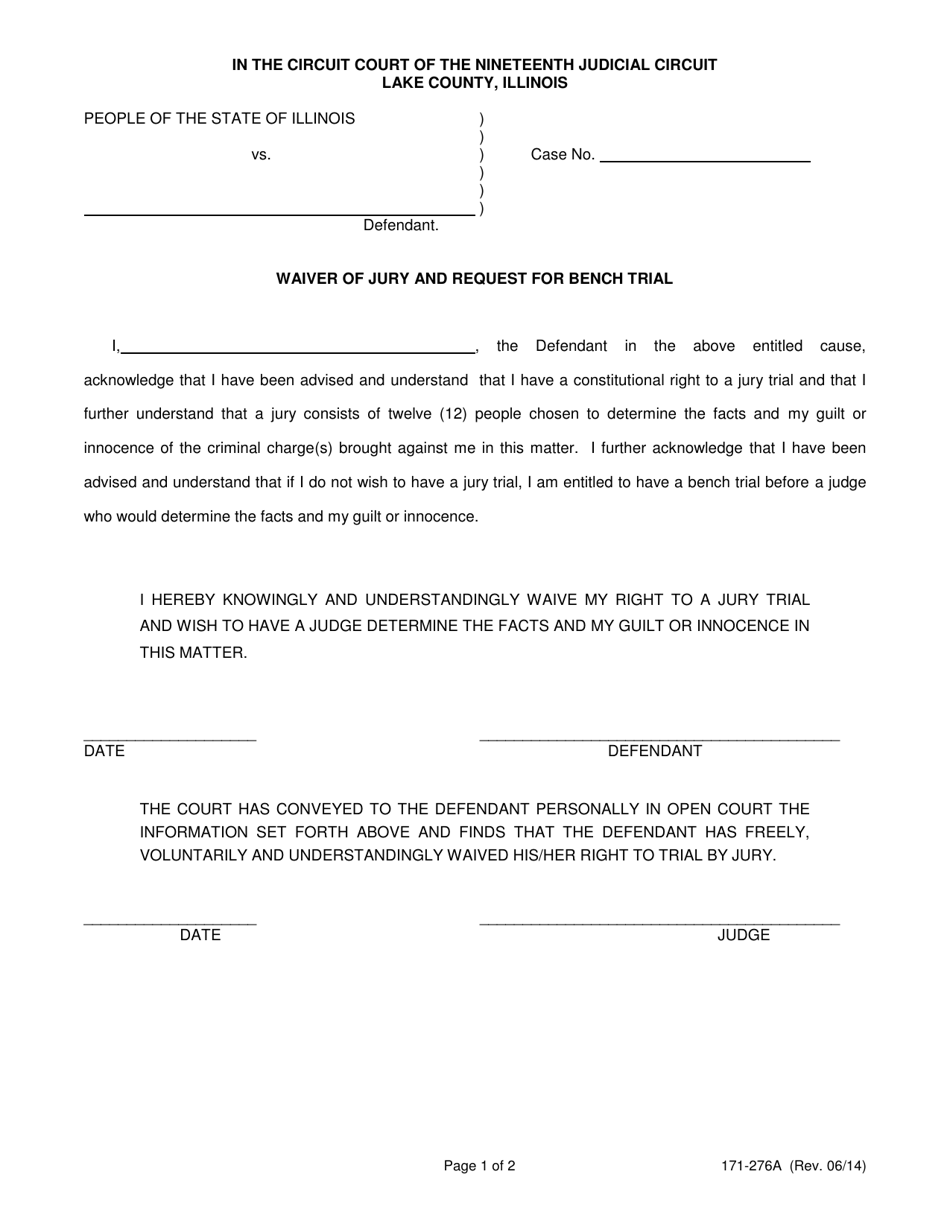 Form 171-276A Waiver of Jury and Request for Bench Trial - Lake County, Illinois (English / Spanish), Page 1