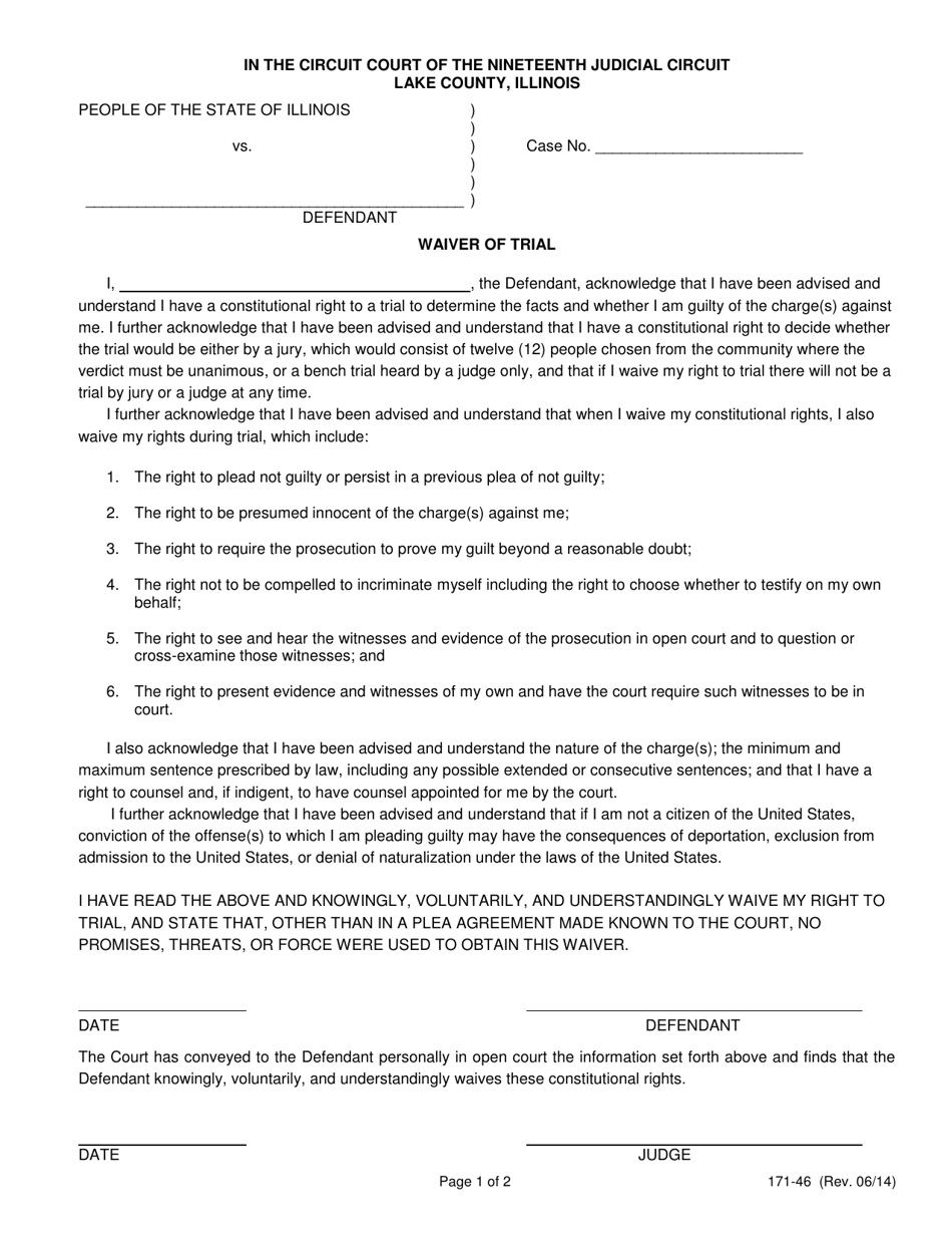 Form 171-46 Waiver of Trial - Lake County, Illinois (English / Spanish), Page 1
