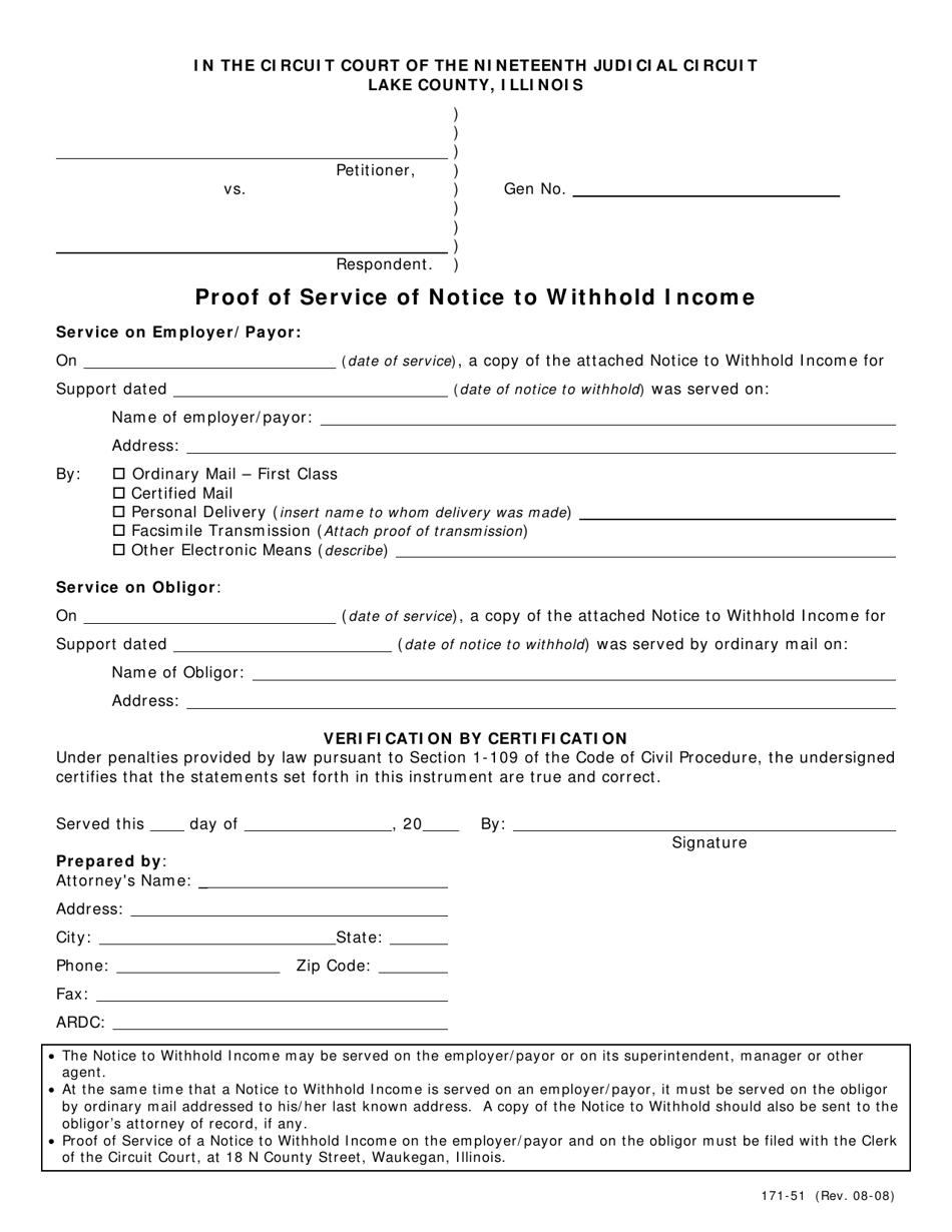 Form 171-51 Proof of Service of Notice to Withhold Income - Lake County, Illinois, Page 1