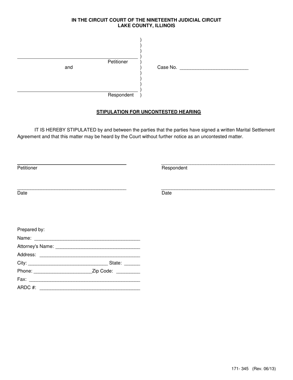 Form 171-345 Stipulation for Uncontested Hearing - Lake County, Illinois, Page 1