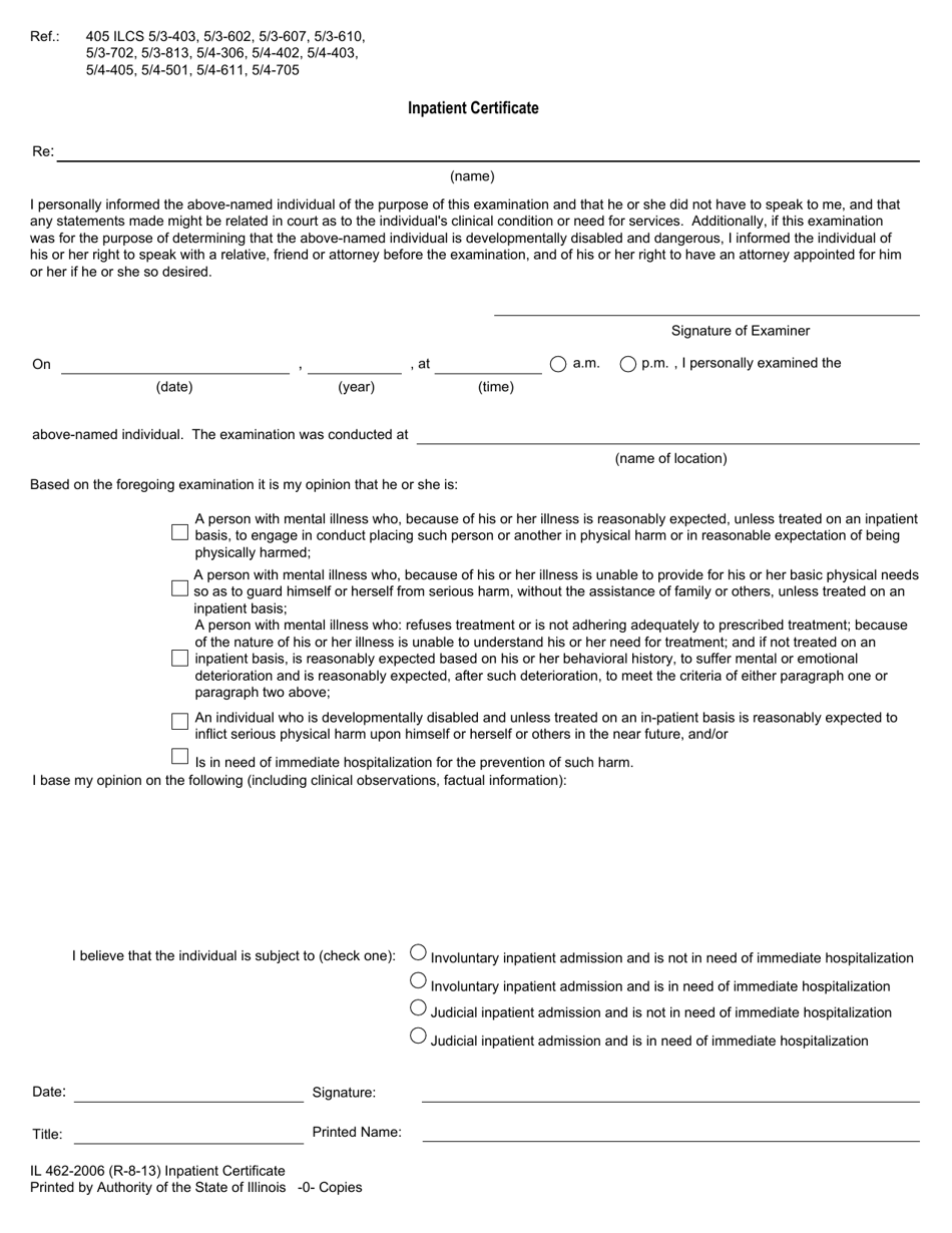 Form IL462-2006 Inpatient Certificate - Illinois, Page 1