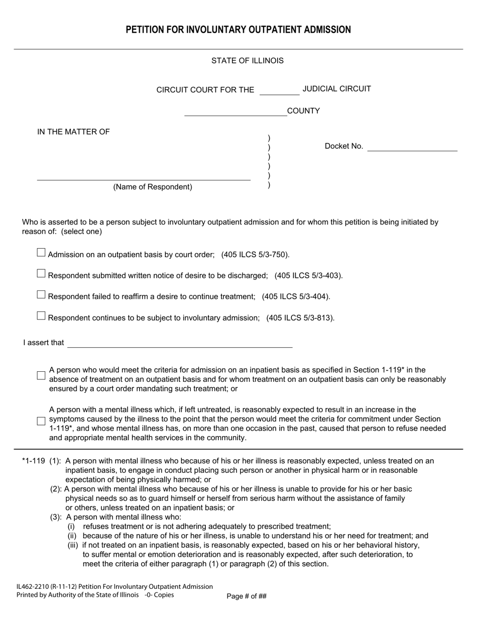 Form IL462-2210 Petition for Involuntary Outpatient Admission - Illinois, Page 1