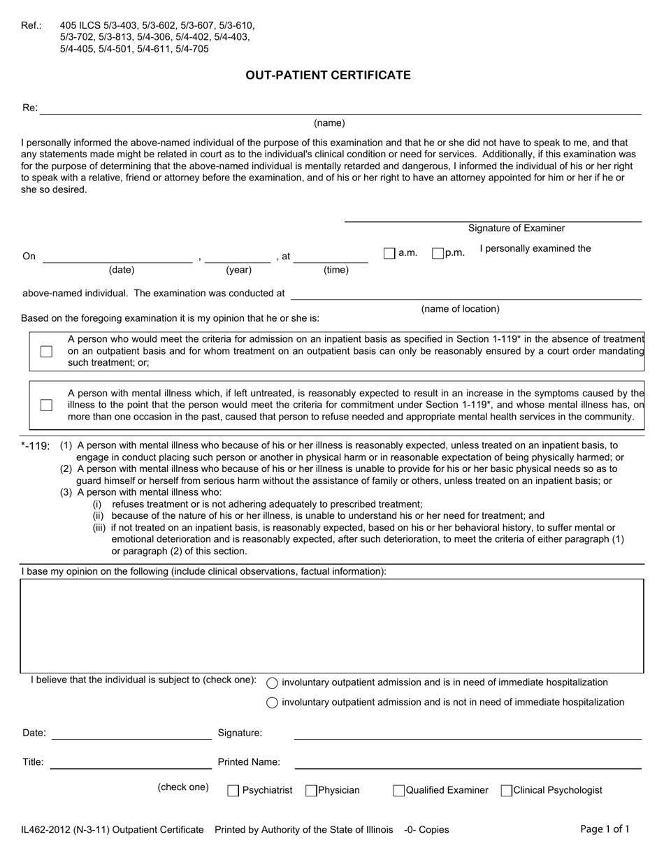Form IL462-2012 Out-Patient Certificate - Illinois, Page 1