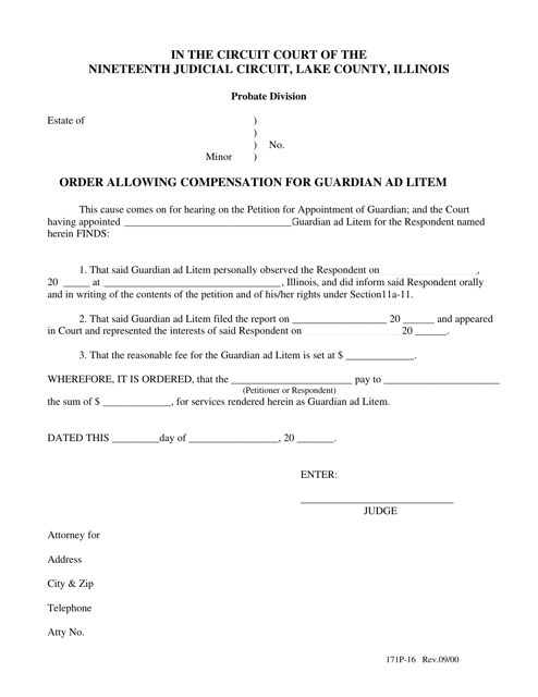 Form 171P-16 Order Allowing Compensation for Guardian Ad Litem - Lake County, Illinois