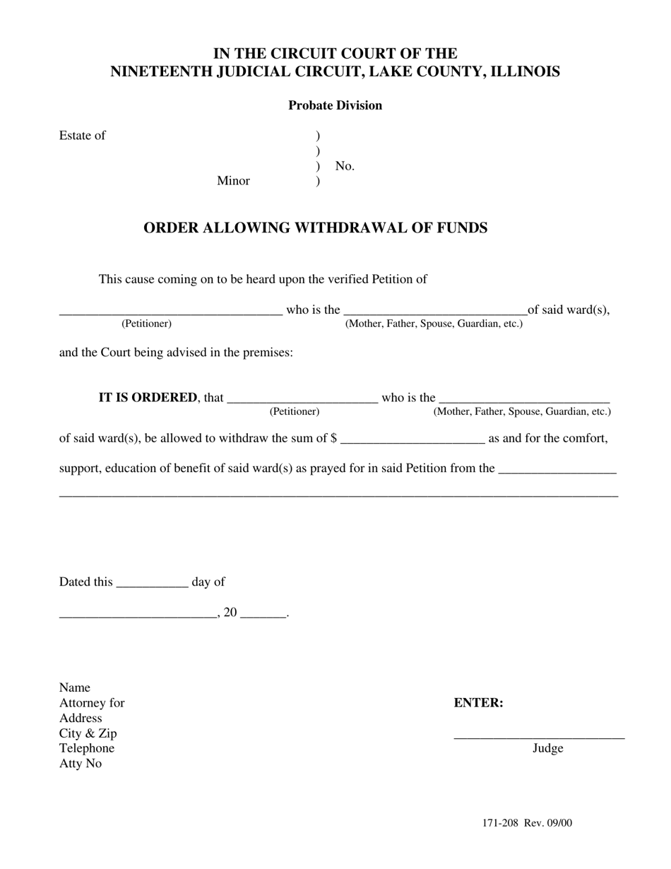 Form 171-208 Order Allowing Withdrawal of Funds - Lake County, Illinois, Page 1
