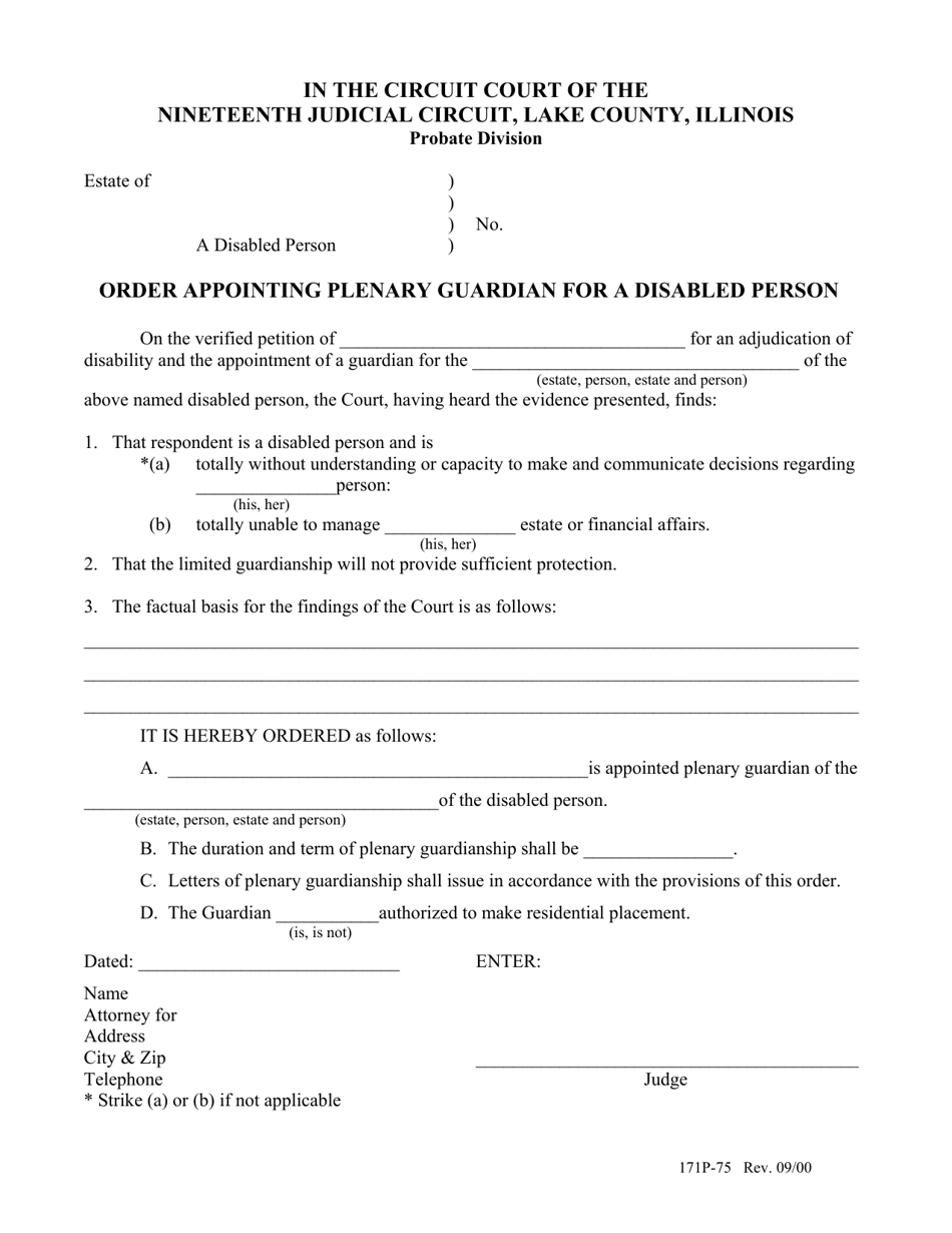 Form 171P-75 Order Appointing Plenary Guardian for a Disabled Person - Lake County, Illinois, Page 1