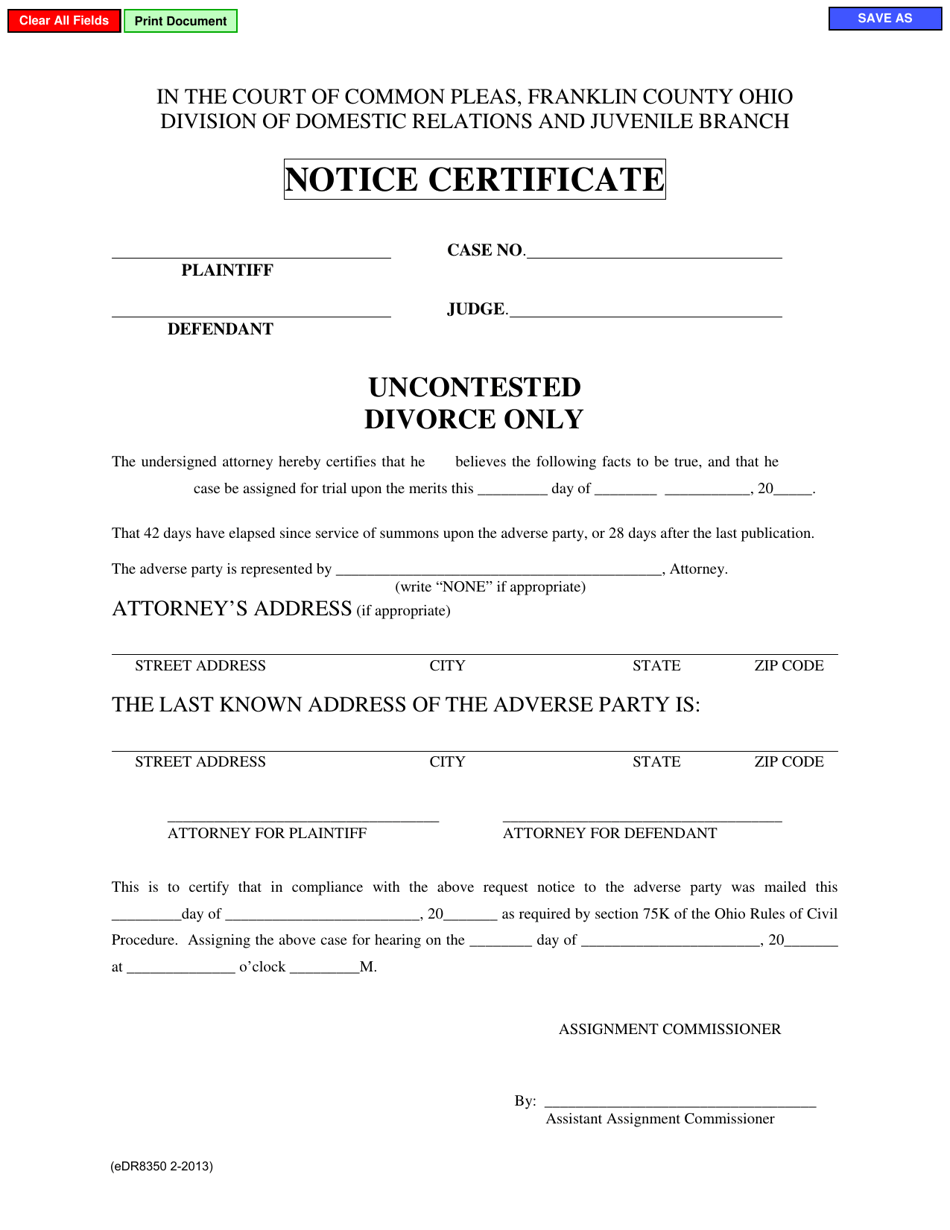 Form eDR8350 Uncontested Divorce Hearing Notice - Franklin County, Ohio, Page 1