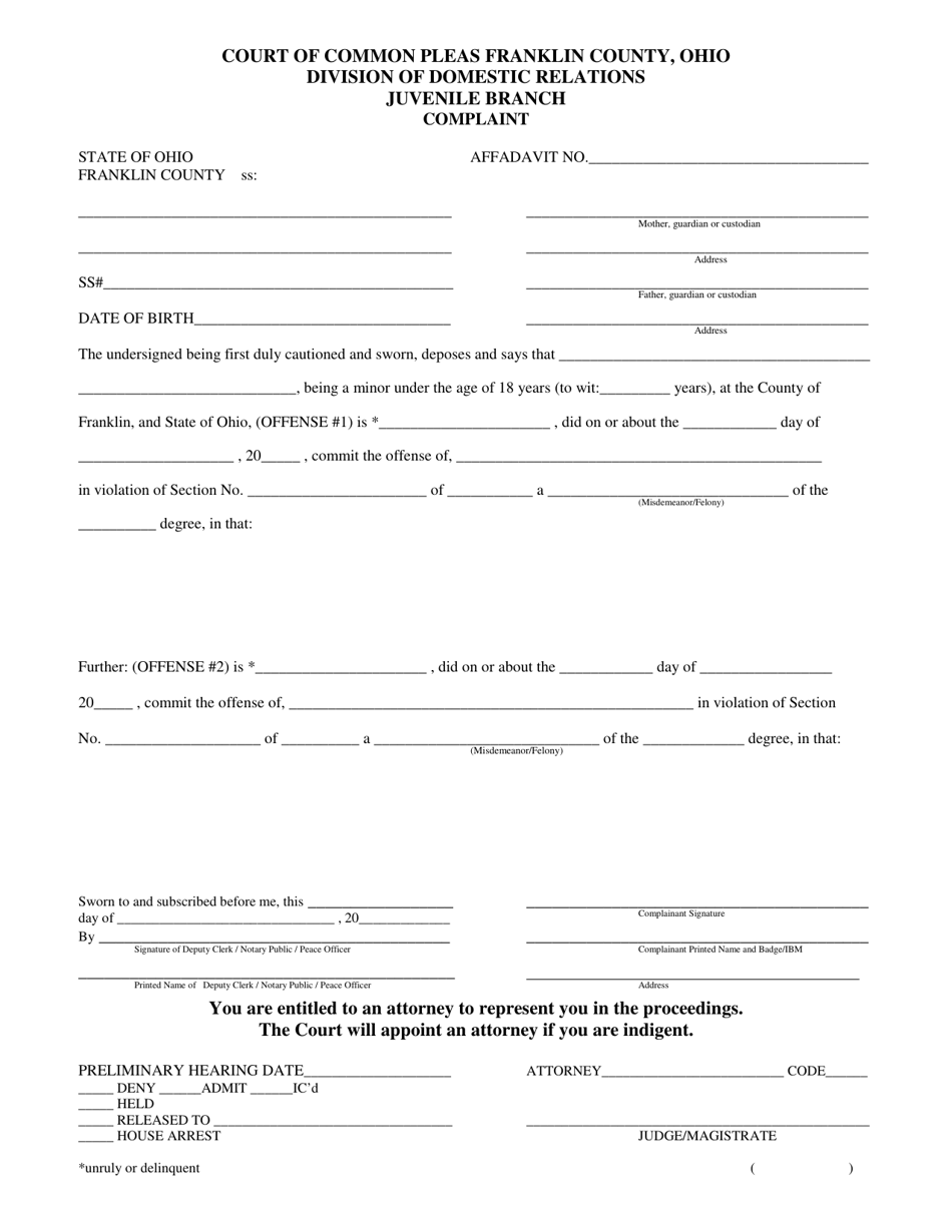 Form eJU5302 Complaint - Del / Unr Cases - Franklin County, Ohio, Page 1