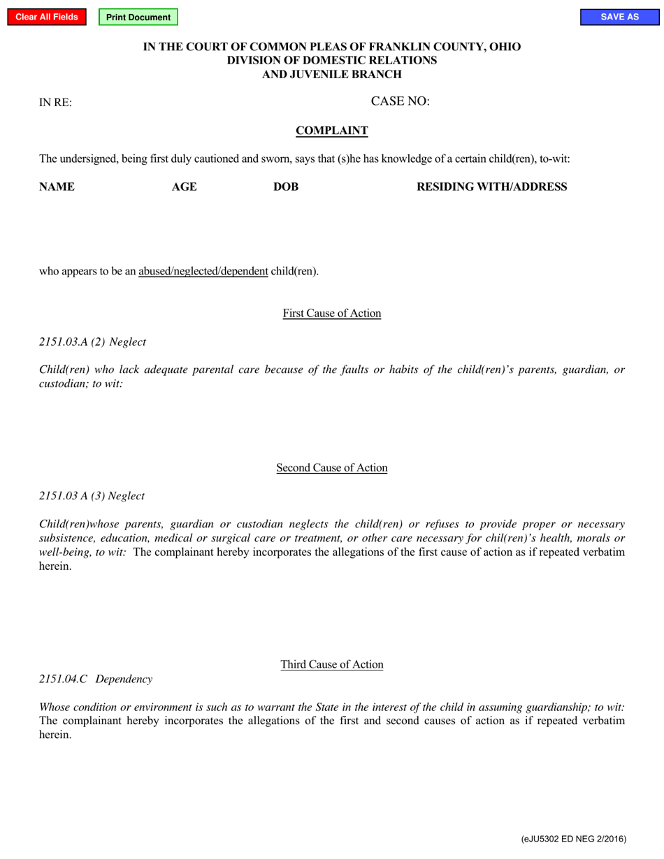Form eJU5302 Complaint - Edneg Cases - Franklin County, Ohio, Page 1