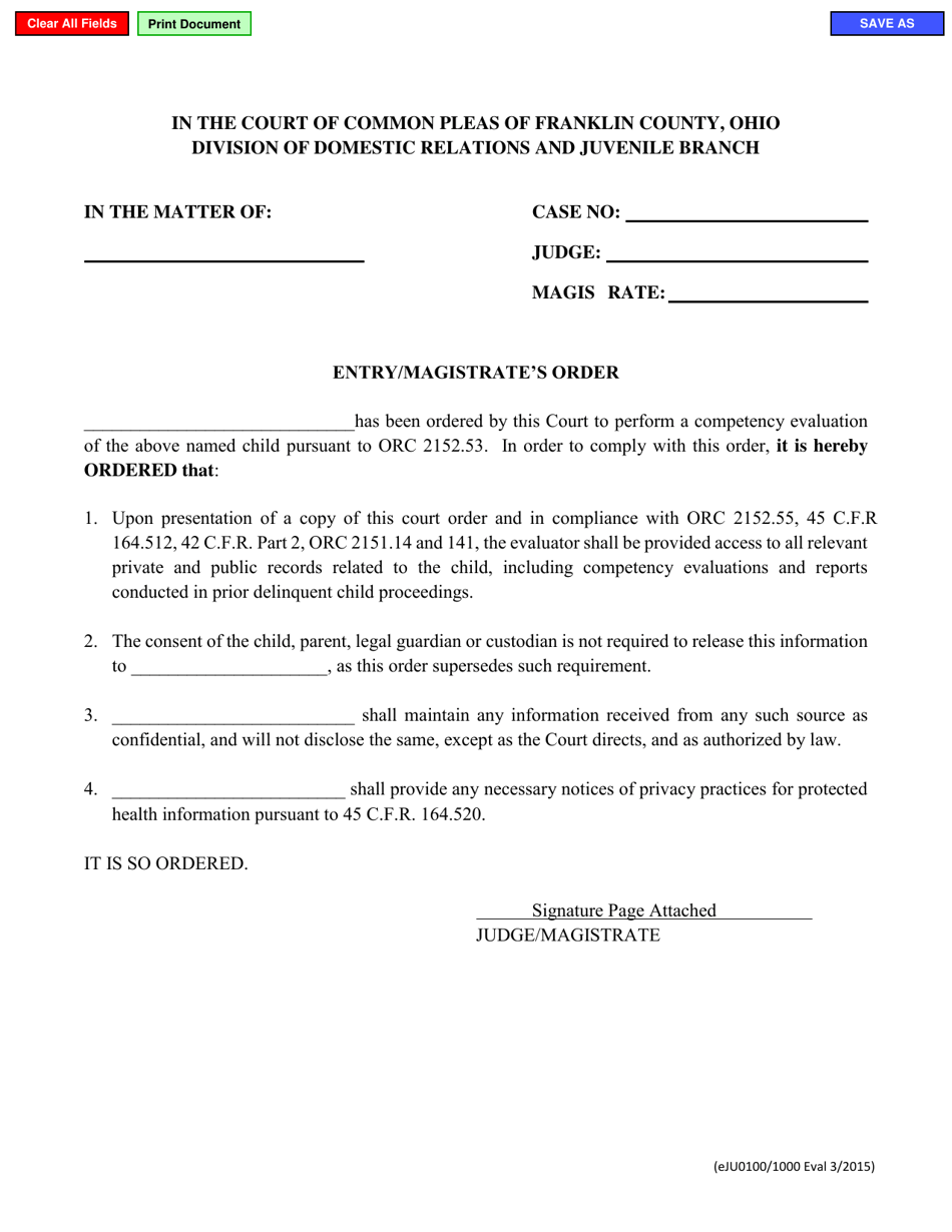 Form eJU0100 / 1000 Entry / Magistrates Order - Competency Evaluation Release - Franklin County, Ohio, Page 1