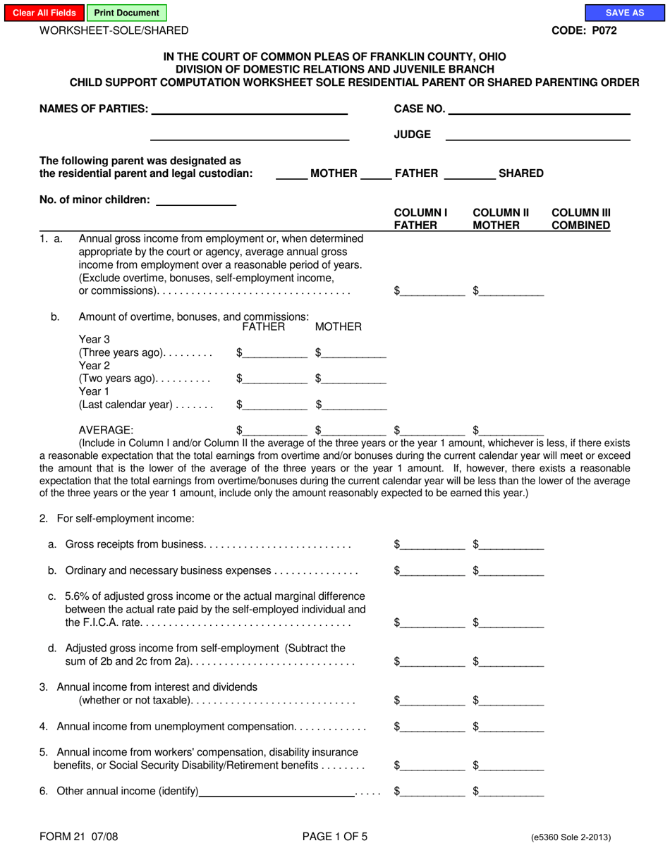 Form 21 (E5360) Child Support Computation Worksheet Sole Residential Parent or Shared Parenting Order - Franklin County, Ohio, Page 1