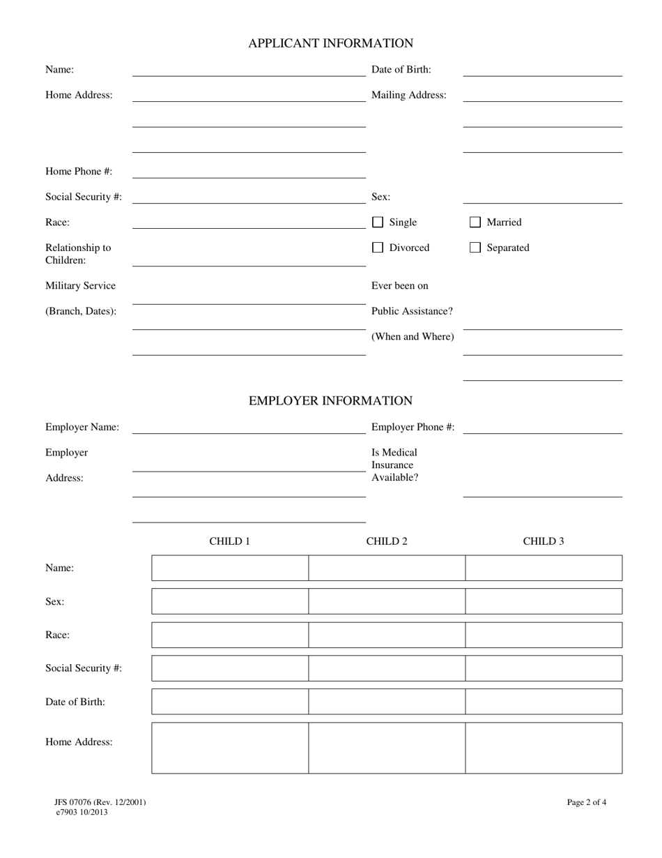 Form JFS07076 (E7903) Application for Child Support Services Non-public Assistance Applicant / Recipient - Franklin County, Ohio, Page 2