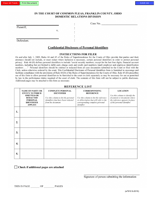 Form E7910 Confidential Disclosure for Personal Identifiers - Franklin County, Ohio