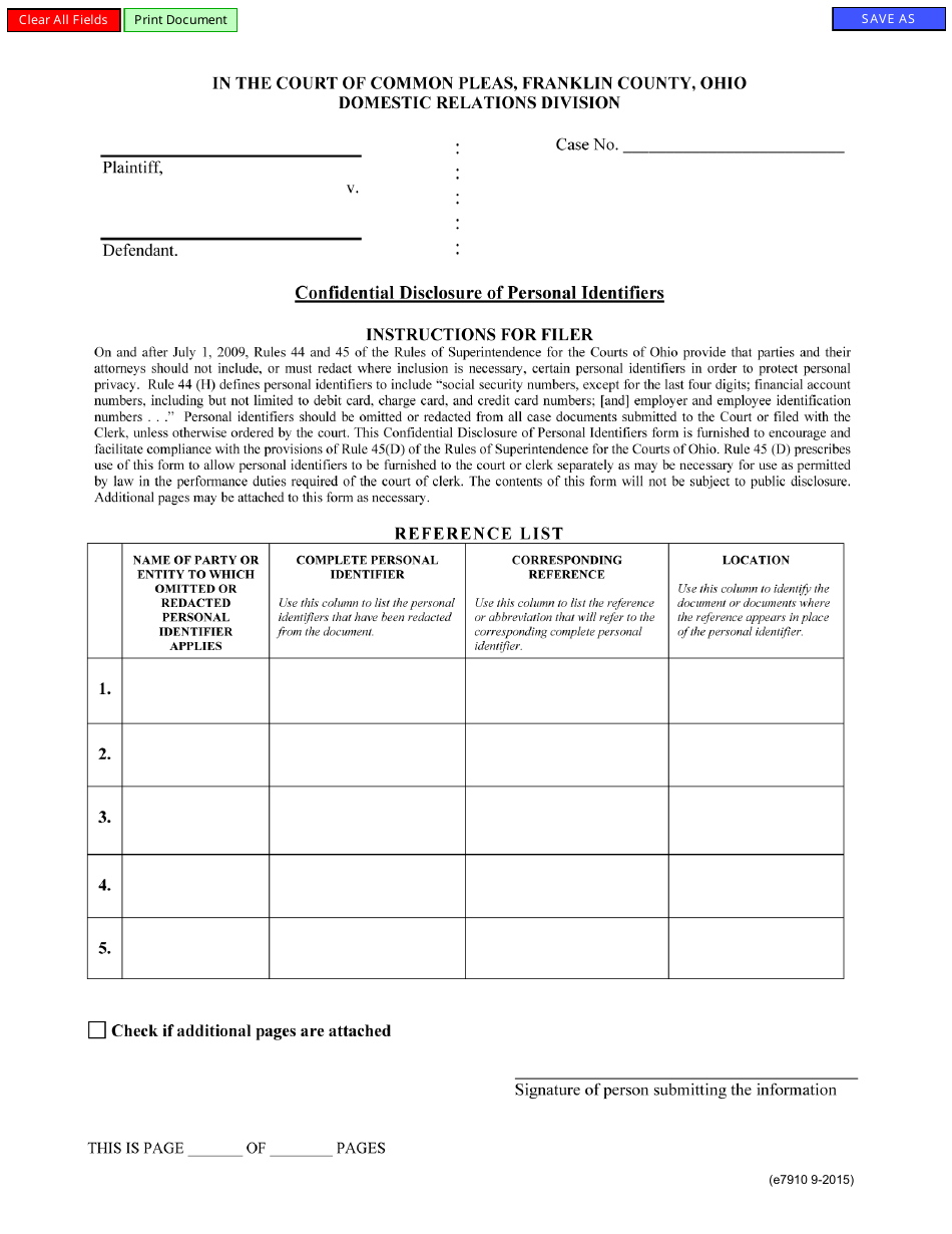 Form E7910 Confidential Disclosure for Personal Identifiers - Franklin County, Ohio, Page 1