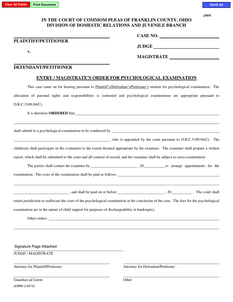 Form E3860 Entry / Magistrates Order for Psychological Examination - Franklin County, Ohio, Page 1