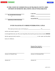Document preview: Form E0022 Entry/Magistrate's Order Withdrawing Capias - Franklin County, Ohio