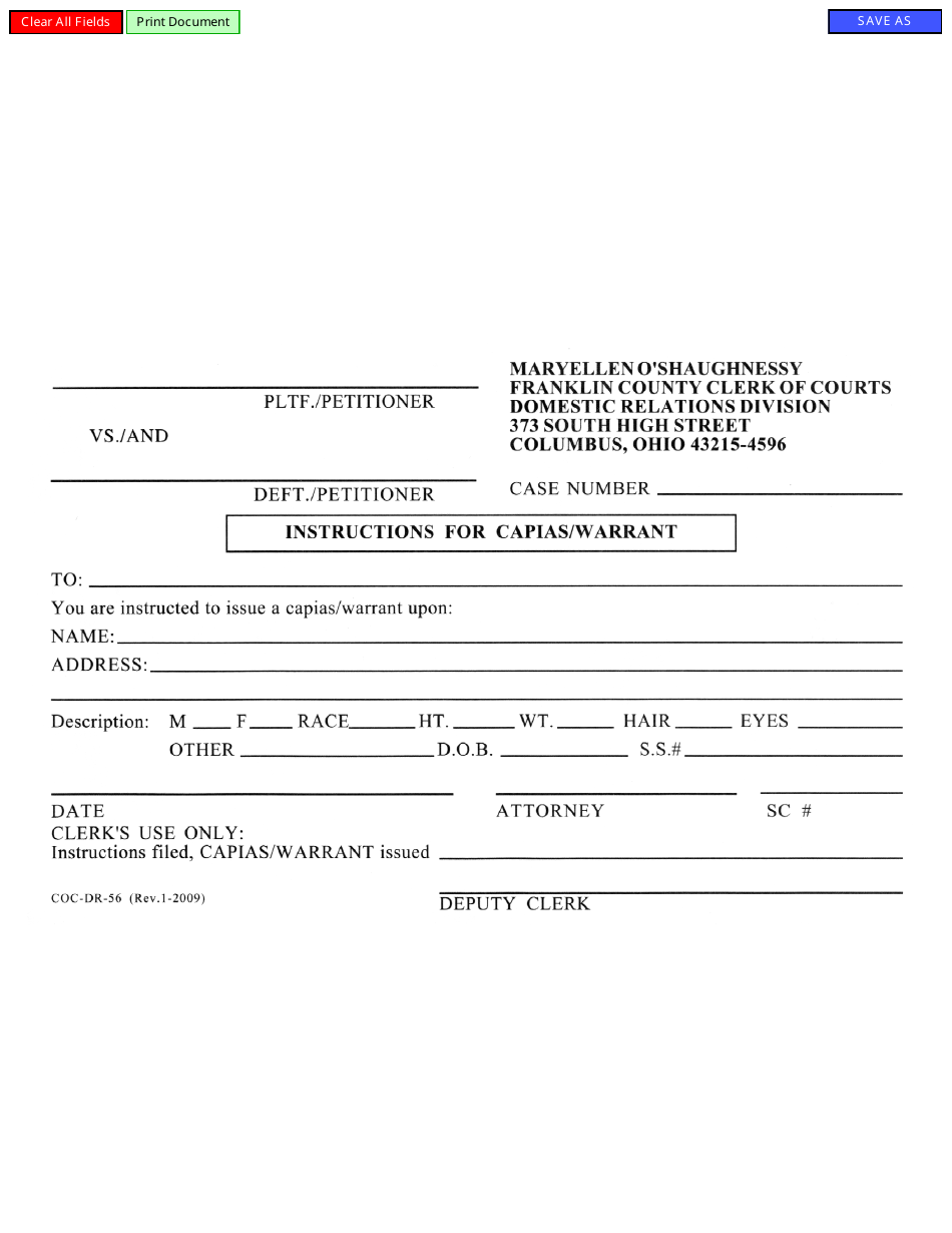 Form COC-DR-56 Instructions for Capias / Warrant - Franklin County, Ohio, Page 1
