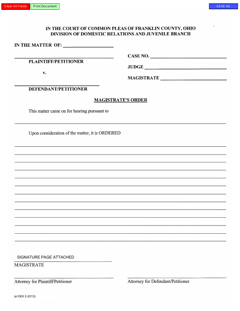 Form E1000 Magistrate's Order - Franklin County, Ohio