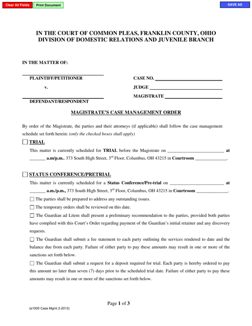 Form E1000 Magistrate's Case Management Order - Franklin County, Ohio